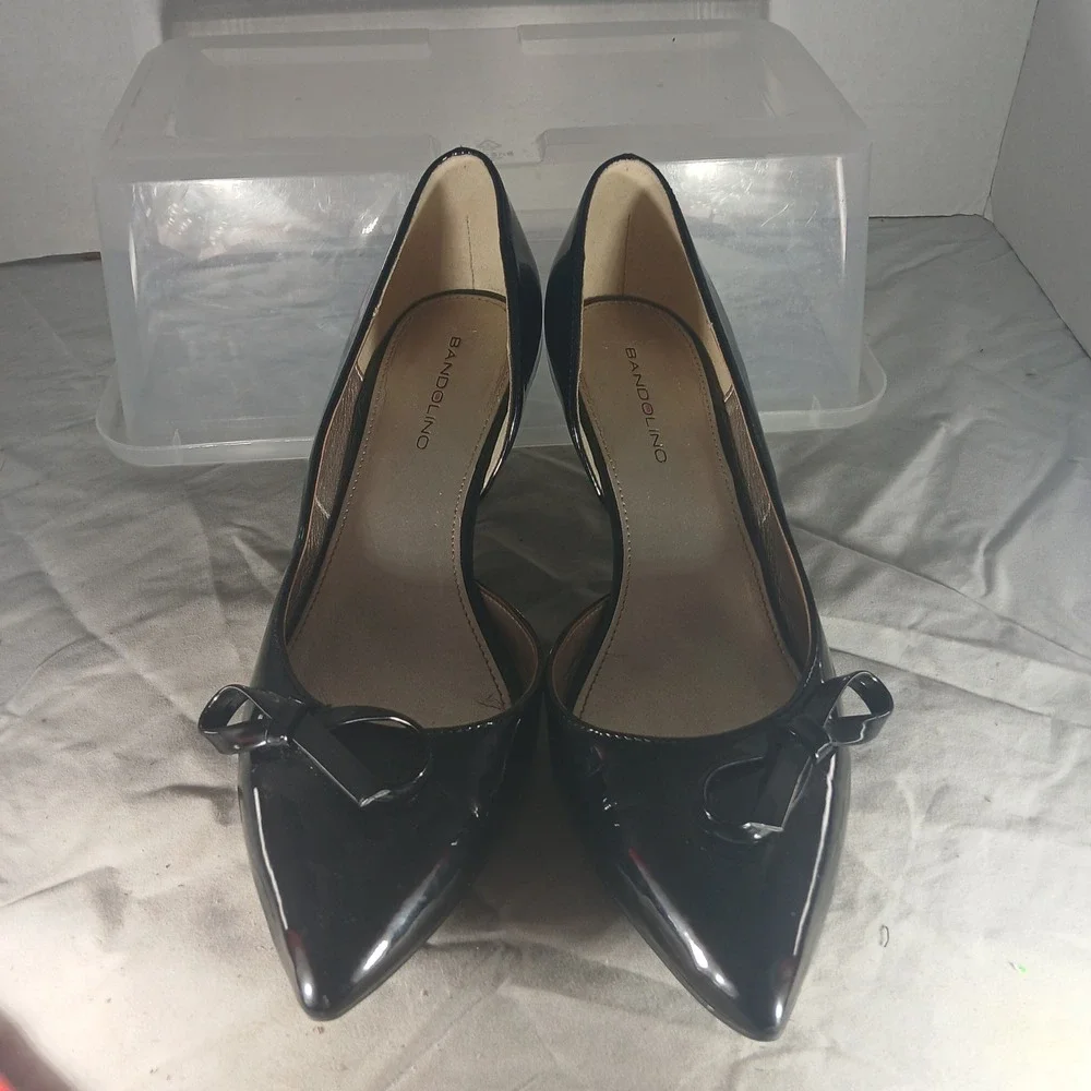 Bandolino BDIDALIE Black Patent Bow Pointed Toe Kitten‎ Heel dOrsay Pumps 8.5M